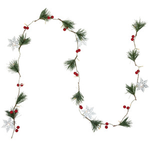 Pre-Lit B/O Pine, Berry and Snowflake Christmas Garland - 6' - Warm White LED Lights