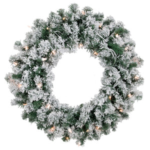 Pre-Lit Flocked Snow White Artificial Christmas Wreath, 24-Inch, Clear Lights