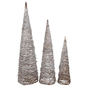LED Lighted Snowy Rattan Christmas Cone Tree Decorations - 3.25' - Set of 3