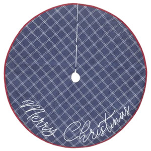 48 inch Blue Plaid Denim Embroidered Merry Christmas Holiday Tree Skirt