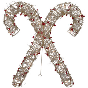 25" Lighted Champagne Gold Glittered Rattan Double Candy Cane Christmas Outdoor or Window Decoration