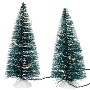 LED Lighted Frosted Mini Bottle Brush Pine Christmas Village Trees - 6" - Set of 2