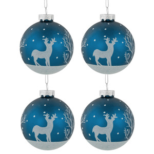 4ct Blue Glass Ball Christmas Ornaments with Glitter Reindeer 3"