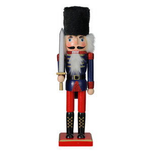 Christmas Nutcracker Soldier with Faux Fur Hat and Sword - 14" Red and Blue