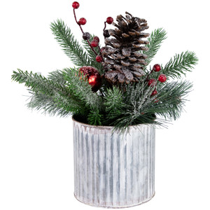 12" Frosted Pine, Berries and Pine Cones Floral Arrangement in Tin Pot