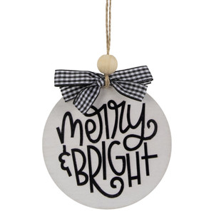 4" Black and White Merry & Bright Christmas Disc Wooden Ornament with Plaid Bow