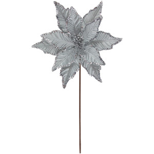 25" Glittered Silver Poinsettia Christmas Stem Spray