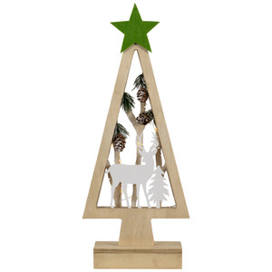 Lighted Wooden Christmas Tree with Star and Reindeer Woodland Scene - 15"