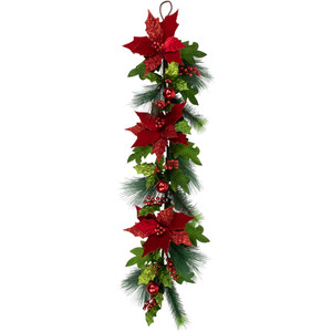 48" Glittered Red Poinsettia and Long Pine Christmas Swag, Unlit