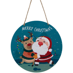 8" Santa and Reindeer "Merry Christmas" Disc Ornament