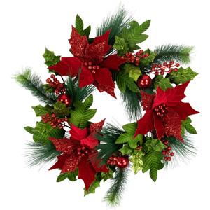 24" Glittered Red Poinsettia and Long Pine Christmas Wreath, Unlit