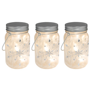 Battery Operated Silver Snowflake Glass Mason Jars - Set of 3