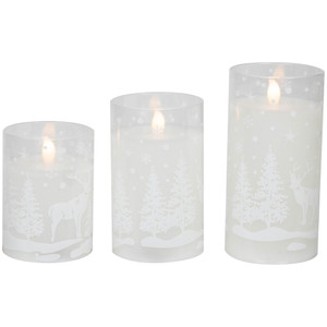 LED Flameless Flickering Snowy Woodland Glass Christmas Pillar Candles - 6" - Set of 3