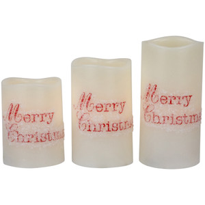 LED Flameless Frosted "Merry Christmas" Wax Pillar Candles - 6" - Set of 3