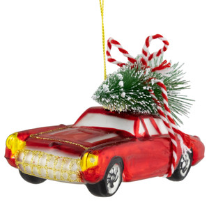 5" Red Vintage Car with Christmas Tree Glass Ornament
