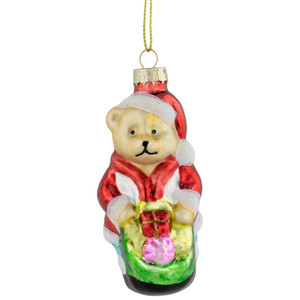3.25" Santa Bear with Gift Bag Glass Christmas Ornament