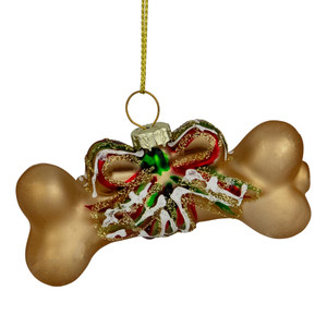 3.25" Gold Dog Bone with Bow Glass Christmas Ornament