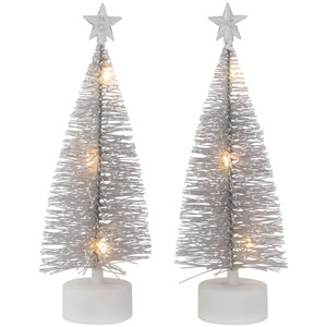 LED Lighted Mini Bottle Brush with Star Topper Christmas Village Trees - Set of 2