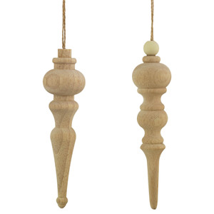 Set of 2 Natural Wood Finial Christmas Tree Ornaments 6.5"