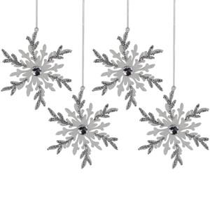 Set of 4 White and Silver Glitter Snowflakes Christmas Ornaments 6"