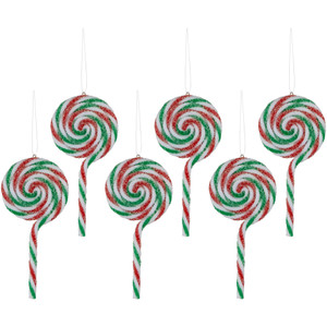 6ct Frosted White, Green and Red Lollipop Christmas Ornaments 7"