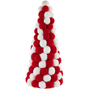 Pom Pom Cone Tree Christmas Decoration - 13" - White and Red