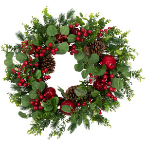 Crabapple and Berries Boxwood and Pine Artificial Christmas Wreath - 26" - Unlit