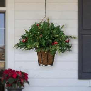 LED Lighted Red Berries and Mixed Pine Hanging Christmas Basket - 18"