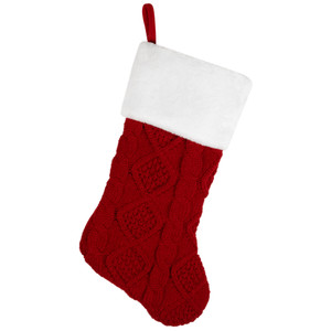 Cable Knit with Faux Fur Cuff Christmas Stocking  - 20.5" - Red and White