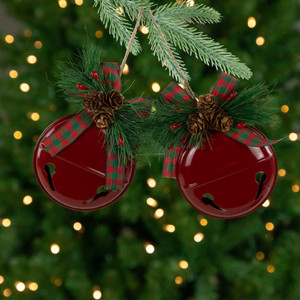 Jingle Bells with Bow and Pinecones Christmas Disc Ornaments - Red - 5" - Set of 2
