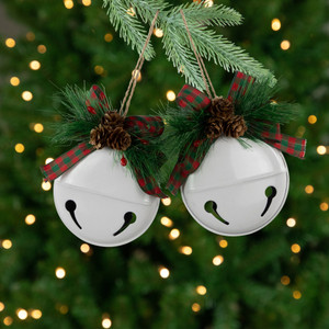 Jingle Bells with Bow and Pinecones Christmas Disc Ornaments - White - 5" - Set of 2