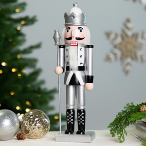 Jeweled Christmas Nutcracker Figure - 14" - Silver and Black