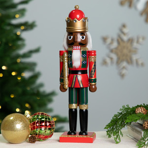 African American Nutcracker King Christmas Figure - 14.25" - Red and Green