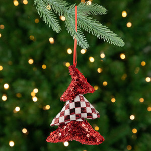 Sequined and Checkered Tree Christmas Ornaments - 5" - Red - Set of 2