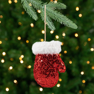 Sequined Winter Mitten with Plush Trim Christmas Ornament -  6" - Red