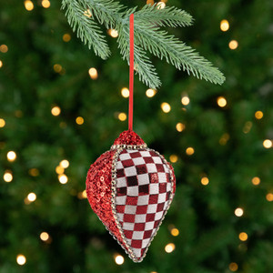 Sequined and Checkered Teardrop Christmas Ornaments - 4.75" - Red  - Set of 2
