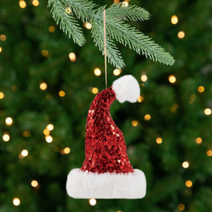 Sequined Santa Hat with Plush Trim Christmas Ornament - 8.5" - Red