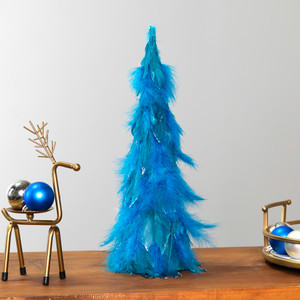 Small Two-Tone Layered Feathers Cone Tree Christmas Decoration - 16" - Turquoise