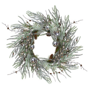28" Artificial Pine Frosted Christmas Wreath with Silver Berries-Unlit