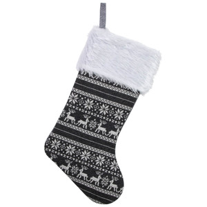 19" Gray and White Reindeer and Snowflake Knit Christmas Stocking with Faux Fur Cuff