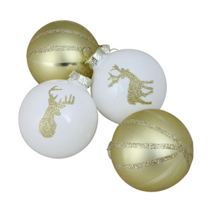 4-Piece Champagne Gold and White Striped Deer Christmas Glass Ball Ornaments 3.5" (90mm)