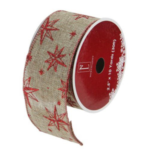Red and Beige Star Wired Christmas Craft Ribbon 2.5" x 10 Yards