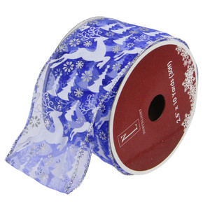 Blue Winter Wonderland Flying Reindeer Wired Christmas Craft Ribbon 2.5" x 10 Yards