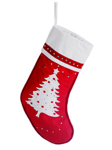22" Red and White Embroidered Tree with Rhinestones Christmas Stocking