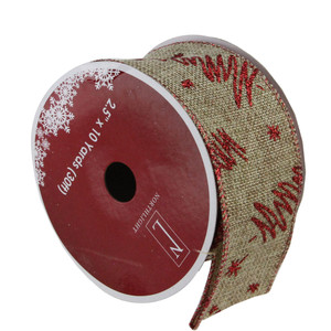Red and Beige Christmas Tree Wired Craft Ribbon 2.5" x 10 Yards