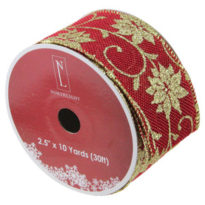 Cranberry Red and Gold Poinsettia Christmas Wired Craft Ribbon 2.5" x 10 Yards