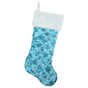 20.5" Ice Palace Blue Sequin Snowflake Christmas Stocking with White Faux Fur Cuff