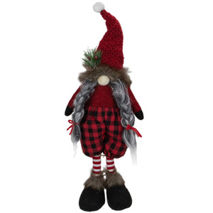 Buffalo Plaid Girl Gnome with Pigtails Christmas Figure - 17" - Red and Black