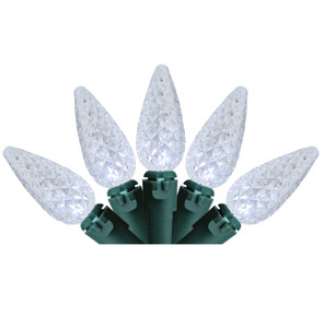 35 Battery Operated White Faceted LED C6 Christmas Lights - 11 ft Green Wire