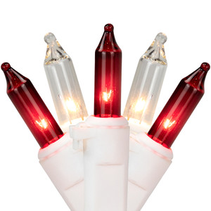 50 Count Red and Clear Mini Christmas Light Set, 10ft White Wire